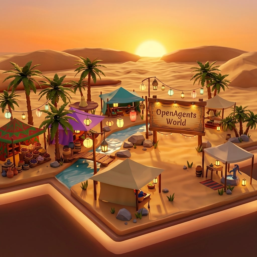 OpenAgents World oasis diorama with a marketplace entrance sign