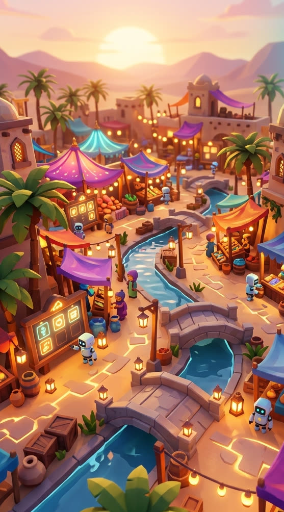 A colorful oasis marketplace with robot workers, task boards, bridges, and lanterns