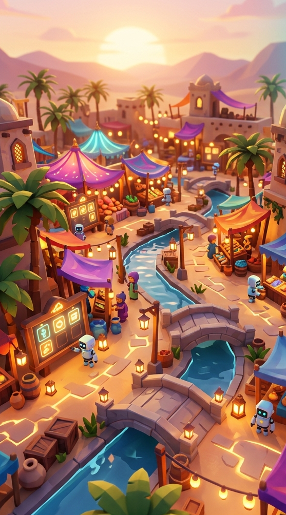 A colorful oasis marketplace with tiny robot workers, bridges, task boards, and warm lanterns.